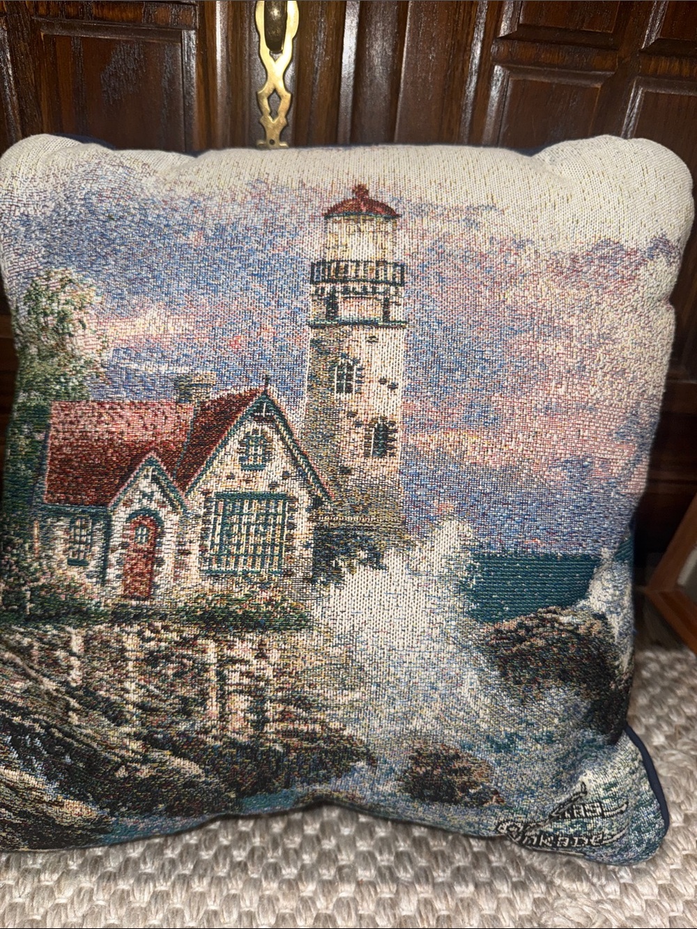 Thomas Kincade Lighthouse Tapestry Decorative Throw Pillow. Vintage 2004.